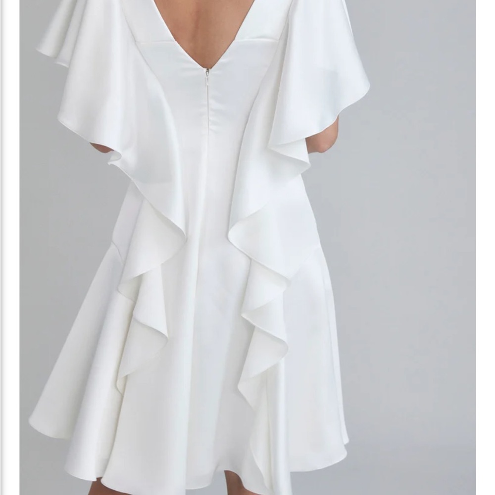 Amsale flutter sleeve satin bridal wedding little white dress
